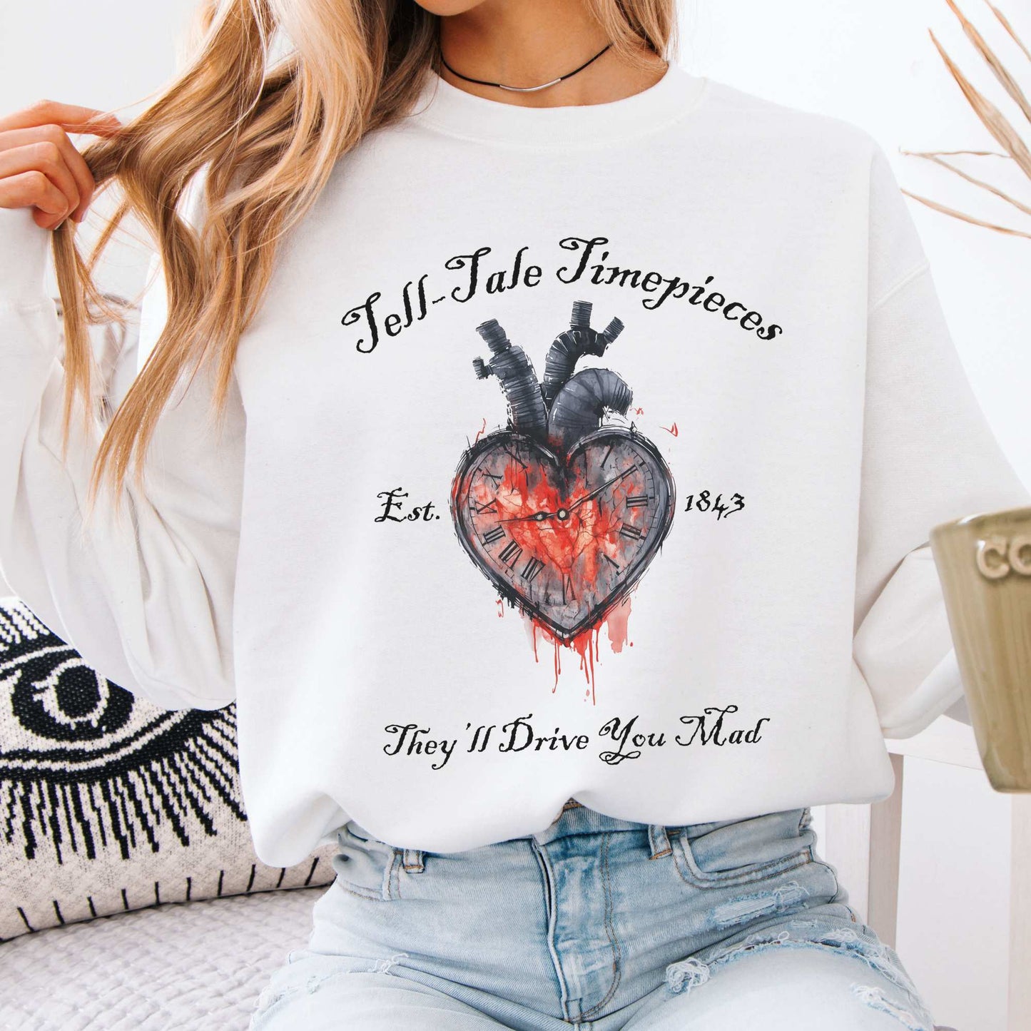 Tell-Tale Timepieces Edgar Allan Poe Sweatshirt White / S Sweatshirt The Mystic Eden Bookish Book Lovers