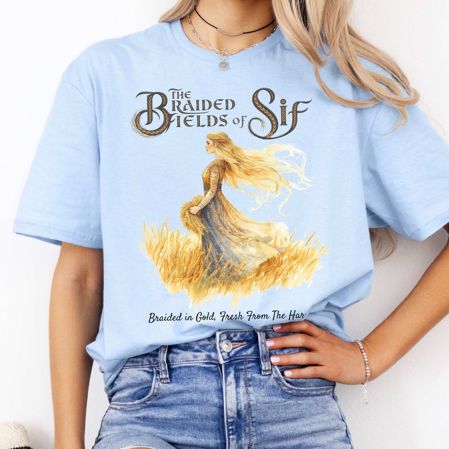 The Braided Fields of Sif Norse Goddess Shirt Light Blue / S T-Shirt The Mystic Eden Bookish Book Lovers