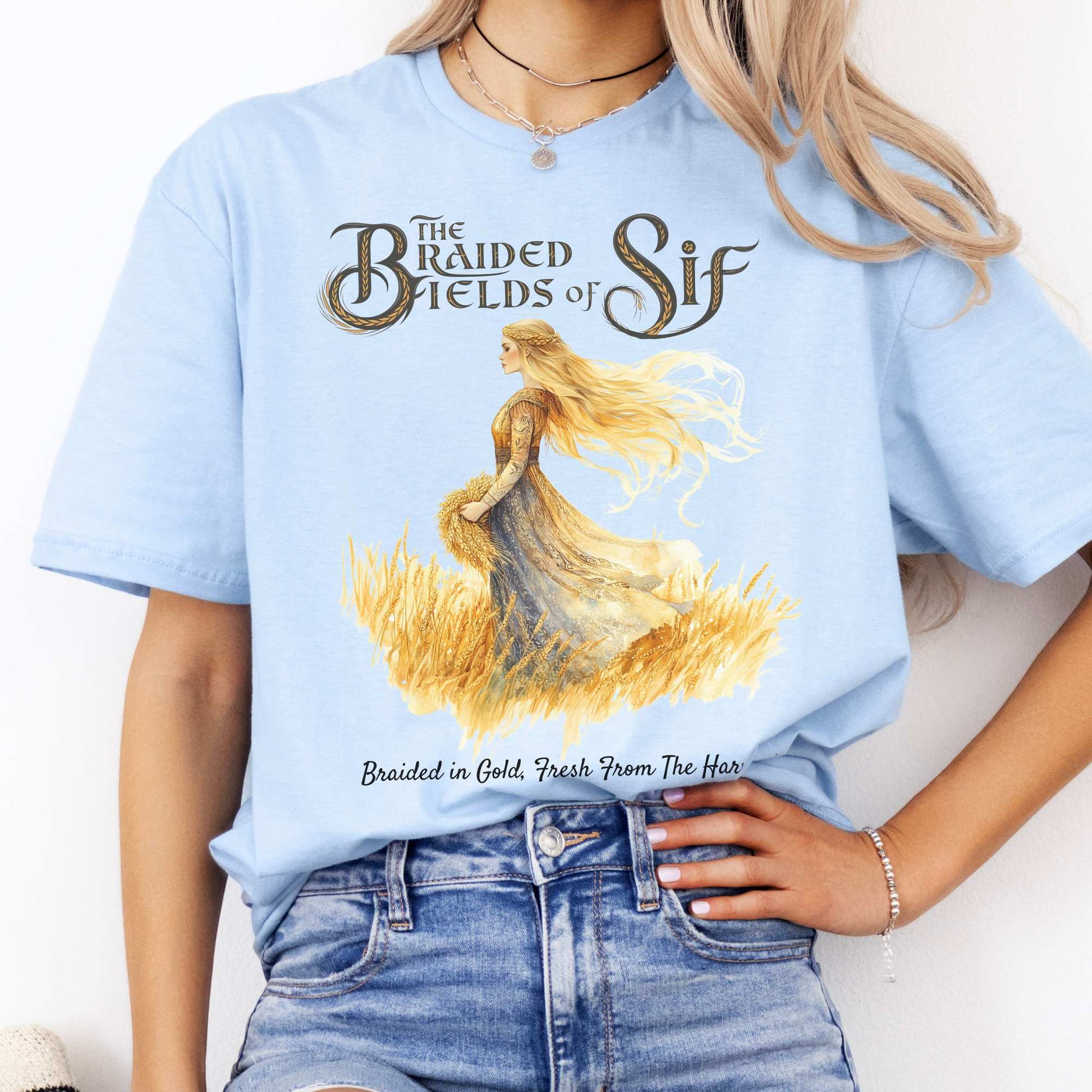 The Braided Fields of Sif Norse Goddess Shirt Light Blue / S T-Shirt The Mystic Eden Bookish Book Lovers