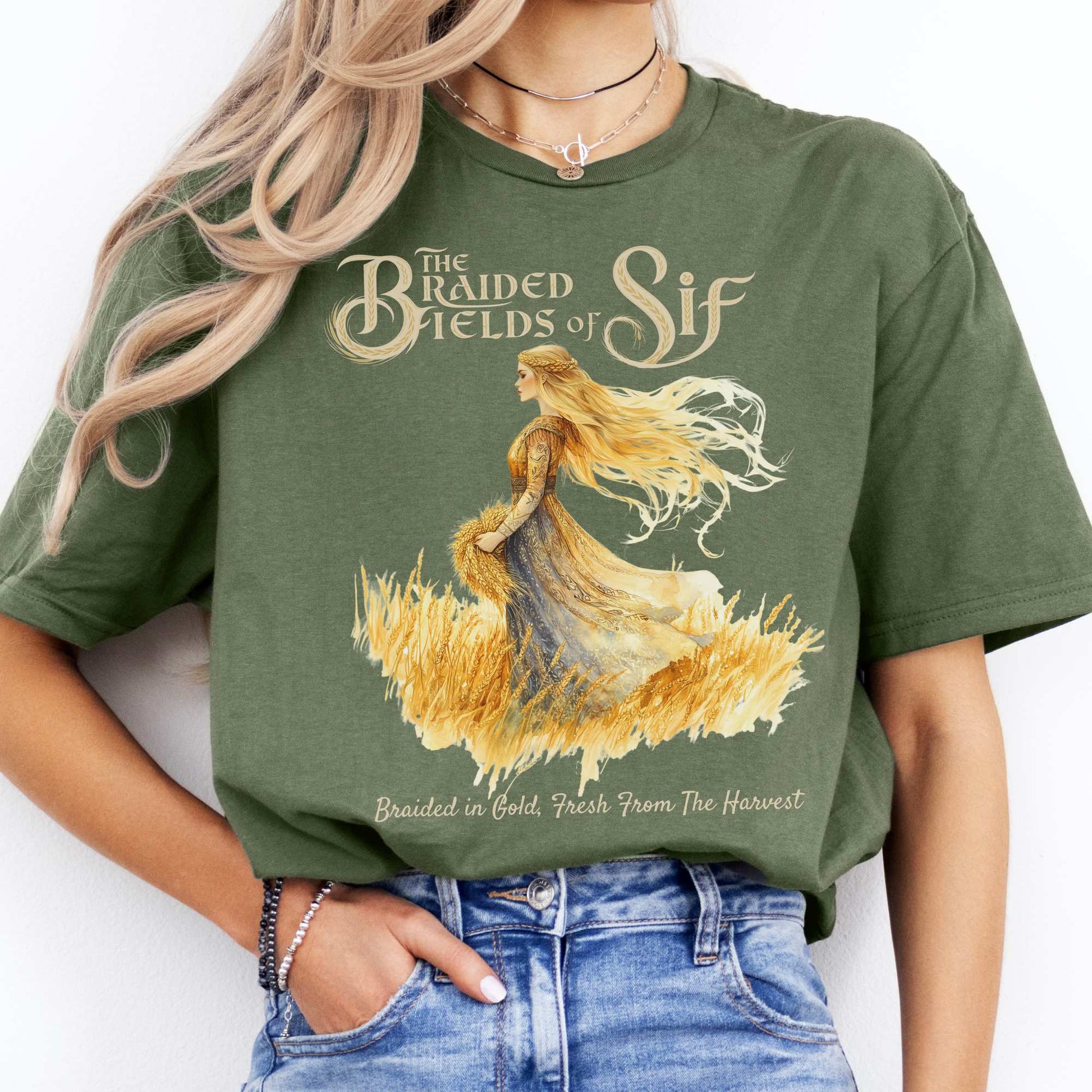 The Braided Fields of Sif Norse Goddess Shirt Military Green / S T-Shirt The Mystic Eden Bookish Book Lovers