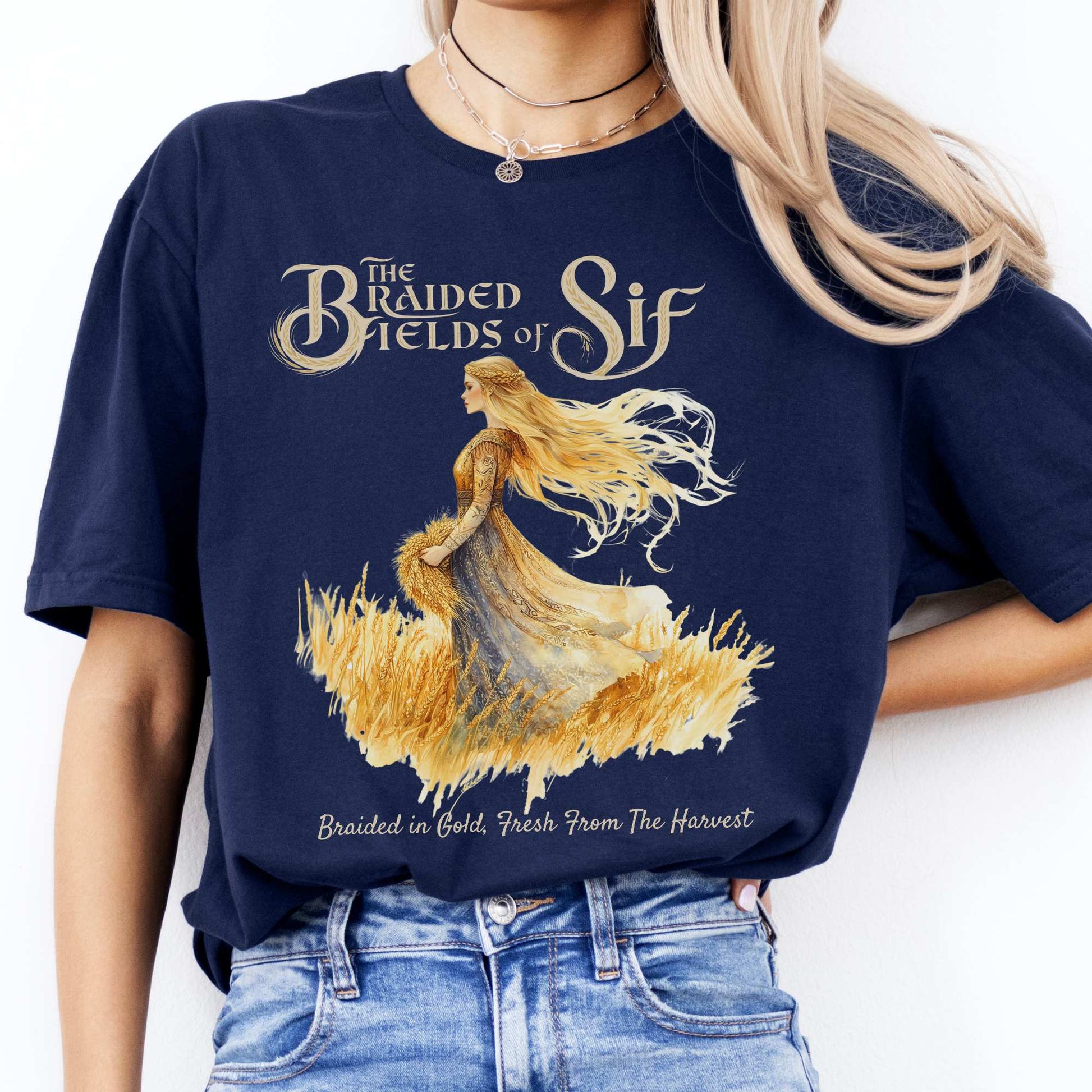 The Braided Fields of Sif Norse Goddess Shirt Navy / S T-Shirt The Mystic Eden Bookish Book Lovers
