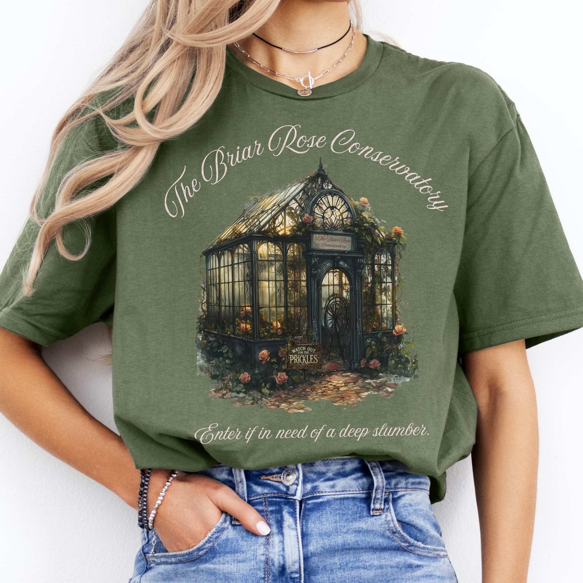 The Briar Rose Conservatory Fairytale Shirt Military Green / S T-Shirt The Mystic Eden Bookish Book Lovers