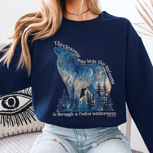 The Clearest Way Into The Universe Is Through A Forest Wilderness Sweatshirt Navy / S Sweatshirt The Mystic Eden Bookish Book Lovers