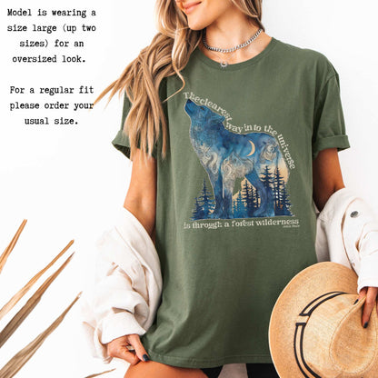 The Clearest Way Into The Universe Wolf John Muir Quote Tee T-Shirt The Mystic Eden Bookish Book Lovers