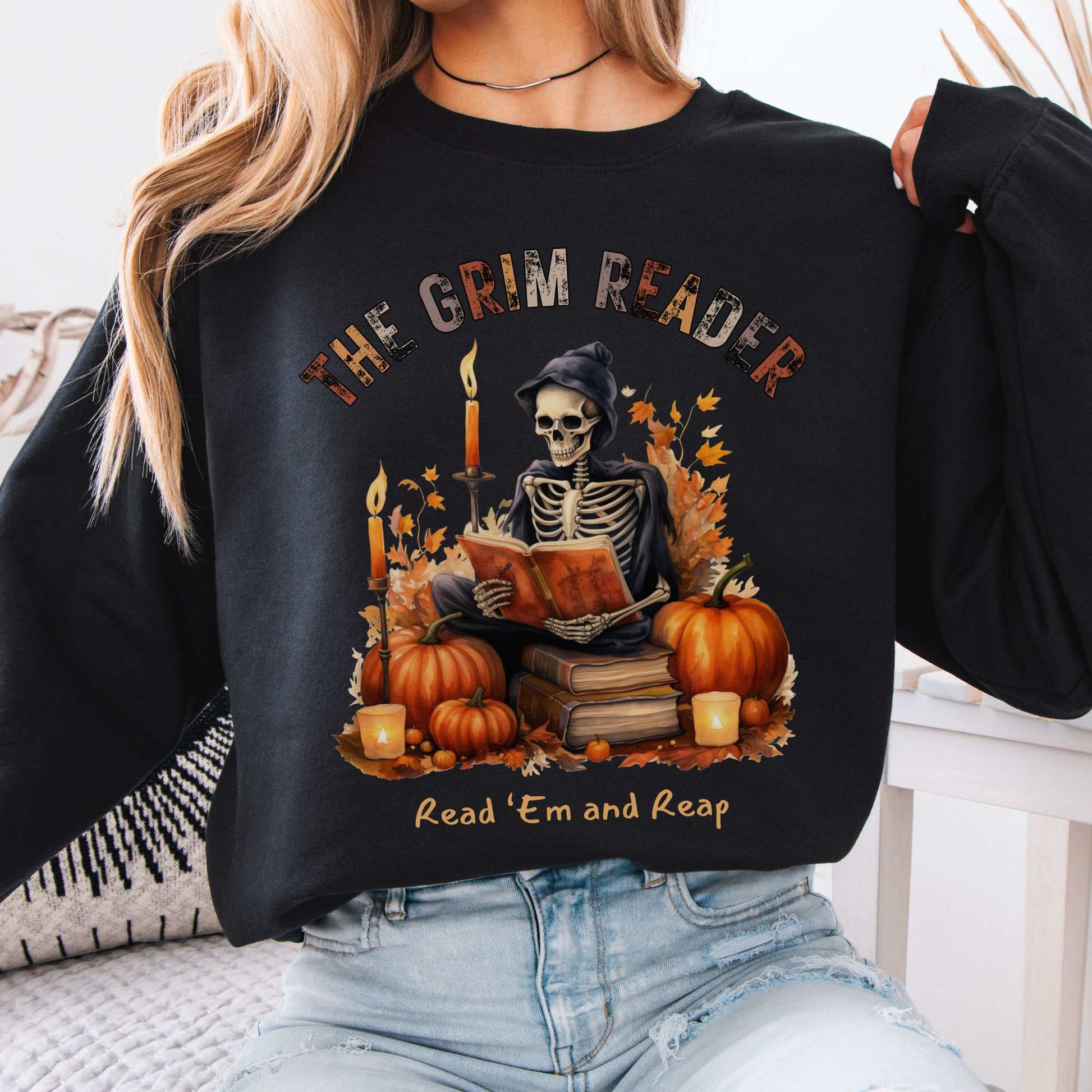 The Grim Reader Halloween Fall Sweater Black / S Sweatshirt The Mystic Eden Bookish Book Lovers