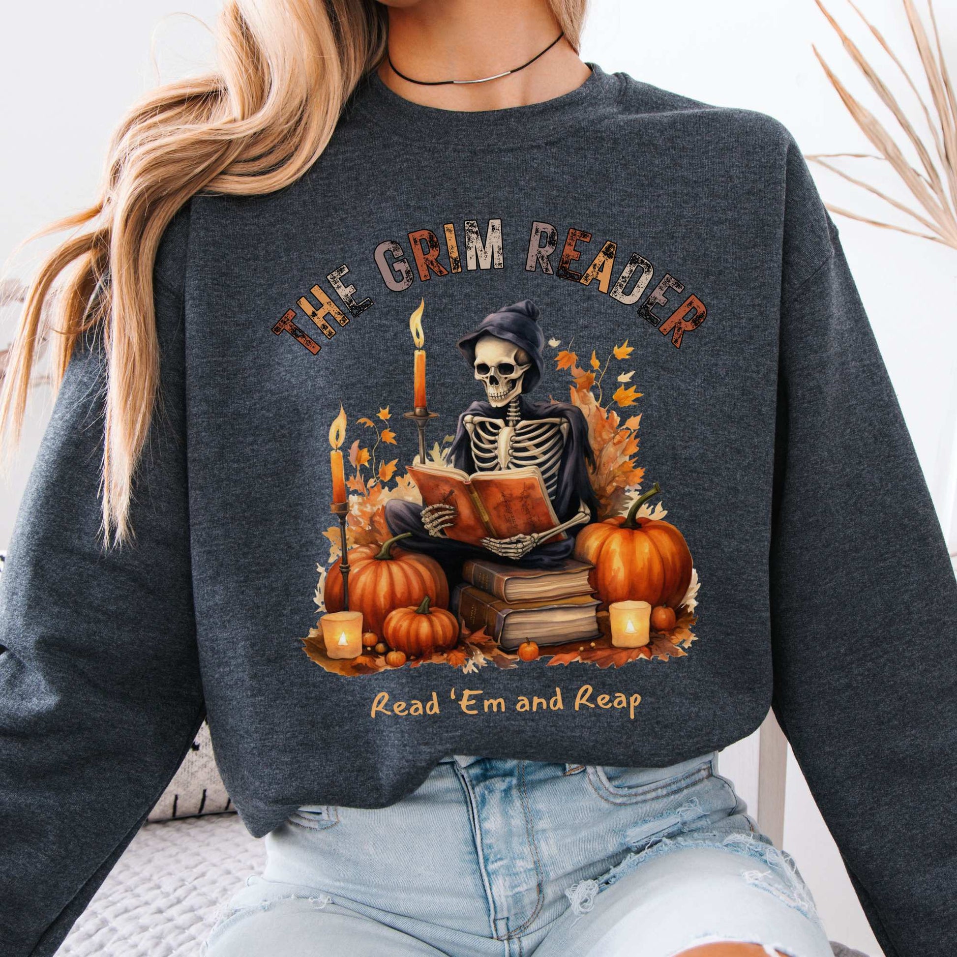 The Grim Reader Halloween Fall Sweater Dark Heather / S Sweatshirt The Mystic Eden Bookish Book Lovers