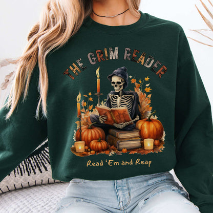 The Grim Reader Halloween Fall Sweater Forest Green / S Sweatshirt The Mystic Eden Bookish Book Lovers