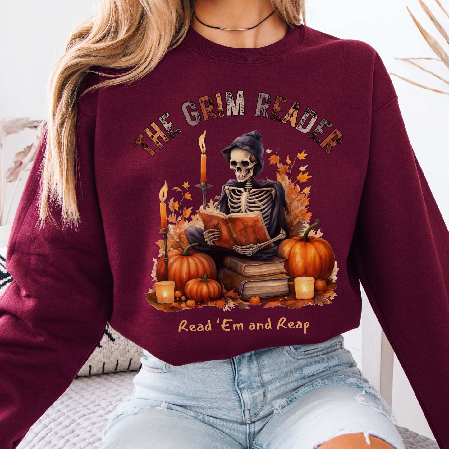 The Grim Reader Halloween Fall Sweater Maroon / S Sweatshirt The Mystic Eden Bookish Book Lovers