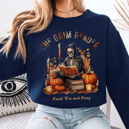 The Grim Reader Halloween Fall Sweater Navy / S Sweatshirt The Mystic Eden Bookish Book Lovers