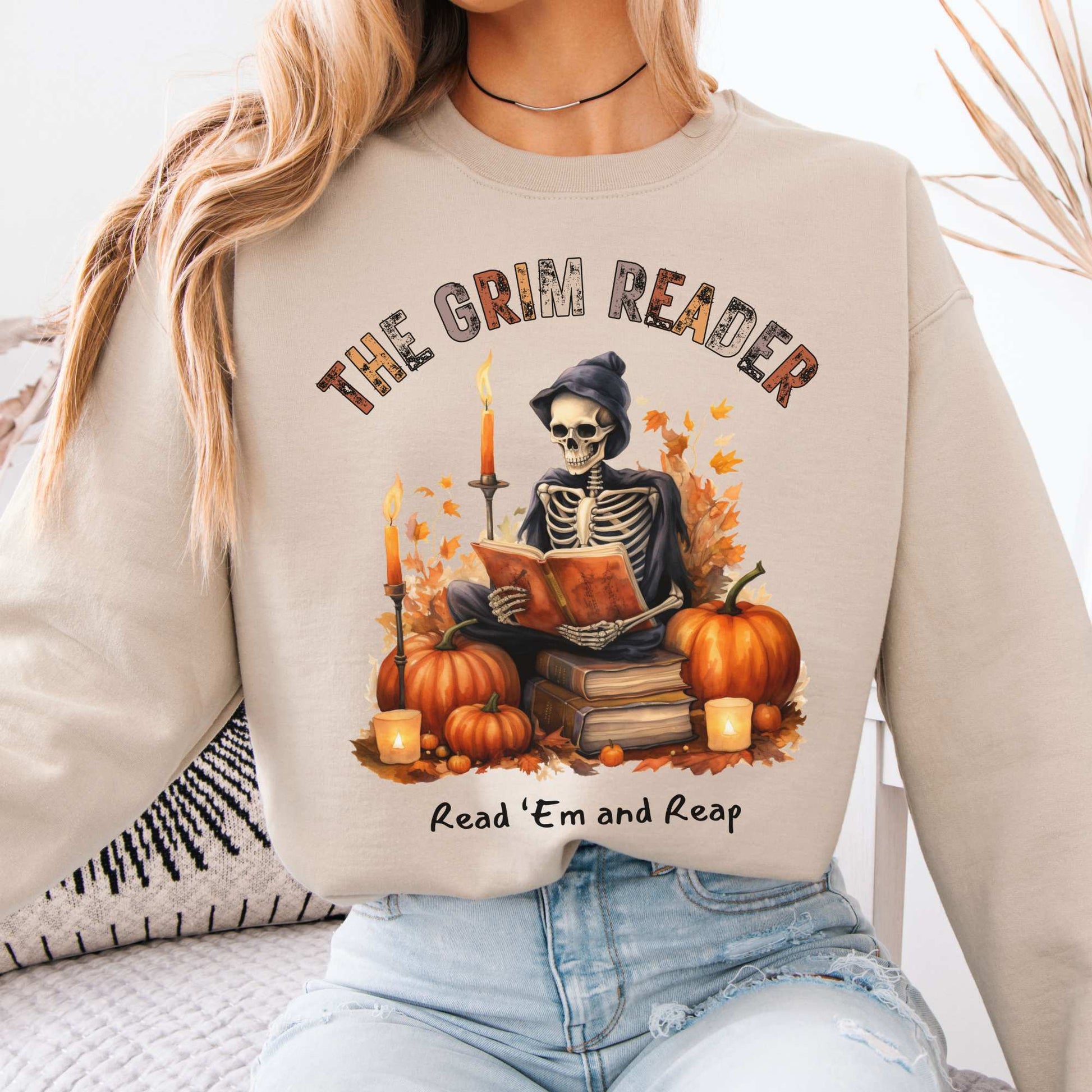 The Grim Reader Halloween Fall Sweater Sand / S Sweatshirt The Mystic Eden Bookish Book Lovers