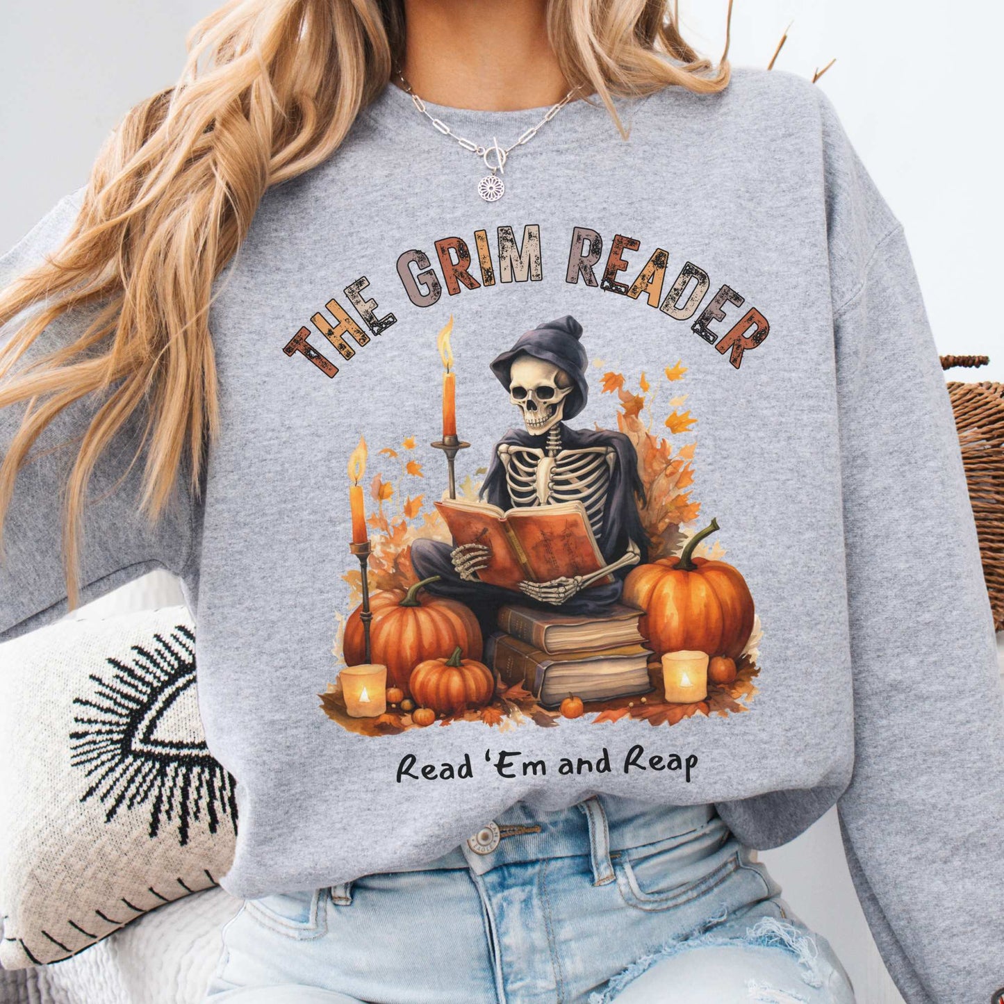 The Grim Reader Halloween Fall Sweater Sport Grey / S Sweatshirt The Mystic Eden Bookish Book Lovers