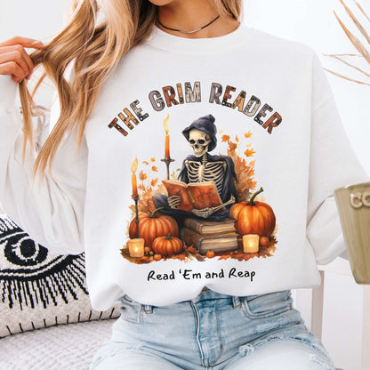 The Grim Reader Halloween Fall Sweater White / S Sweatshirt The Mystic Eden Bookish Book Lovers