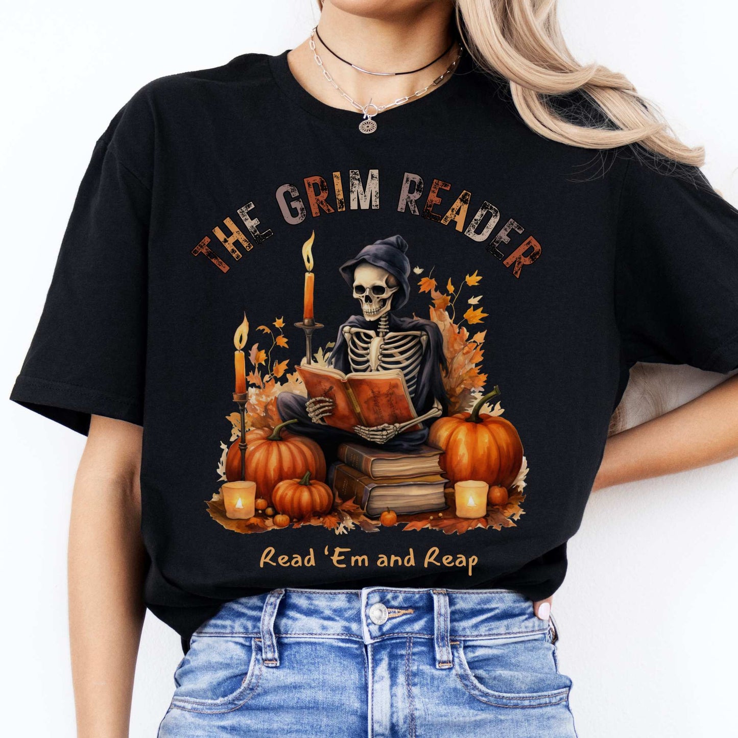 The Grim Reader Read ‘Em and Reap Halloween Tee Black / S T-Shirt The Mystic Eden Bookish Book Lovers
