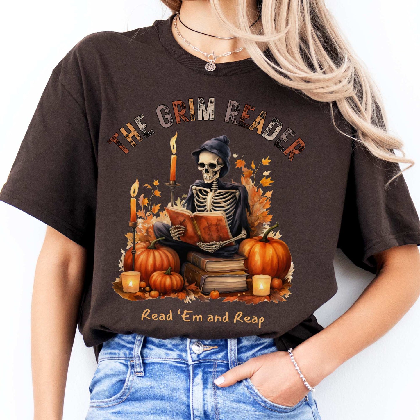 The Grim Reader Read ‘Em and Reap Halloween Tee Dark Chocolate / S T-Shirt The Mystic Eden Bookish Book Lovers