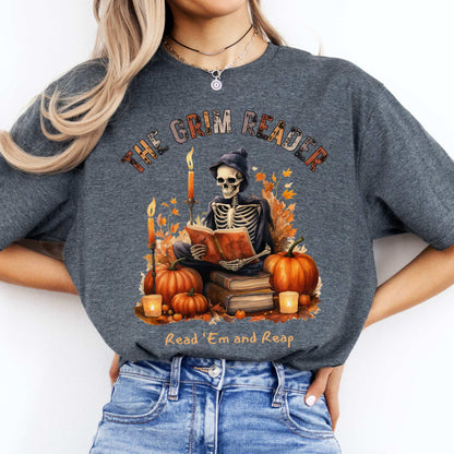 The Grim Reader Read ‘Em and Reap Halloween Tee Dark Heather / S T-Shirt The Mystic Eden Bookish Book Lovers