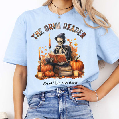 The Grim Reader Read ‘Em and Reap Halloween Tee Light Blue / S T-Shirt The Mystic Eden Bookish Book Lovers