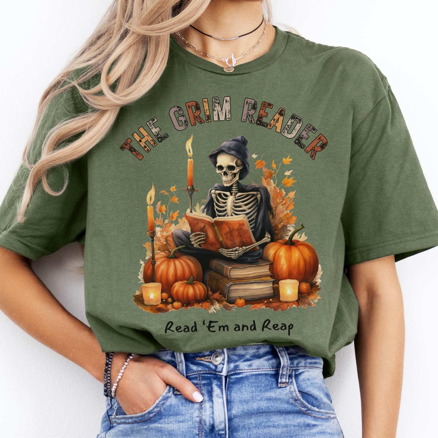 The Grim Reader Read ‘Em and Reap Halloween Tee Military Green / S T-Shirt The Mystic Eden Bookish Book Lovers