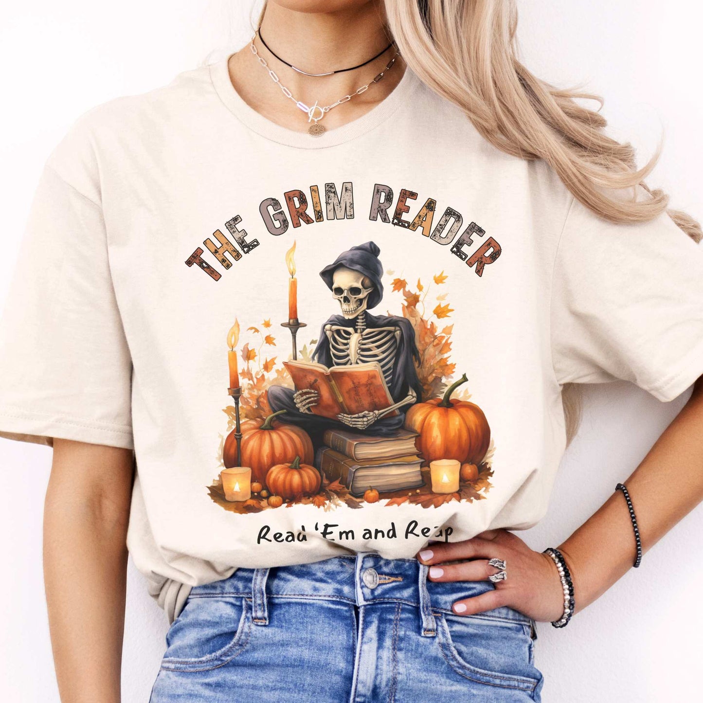 The Grim Reader Read ‘Em and Reap Halloween Tee Natural / S T-Shirt The Mystic Eden Bookish Book Lovers