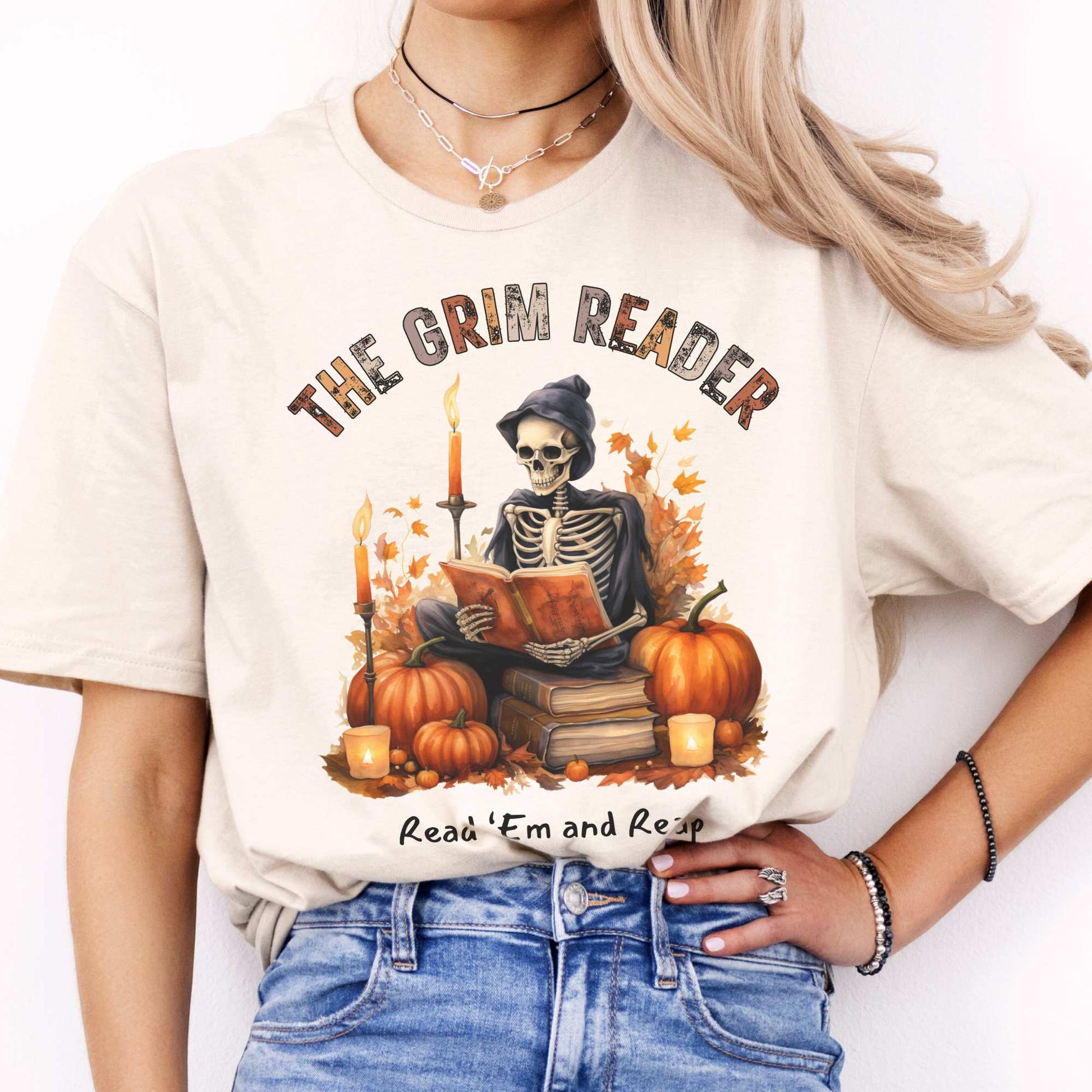 The Grim Reader Read ‘Em and Reap Halloween Tee Natural / S T-Shirt The Mystic Eden Bookish Book Lovers
