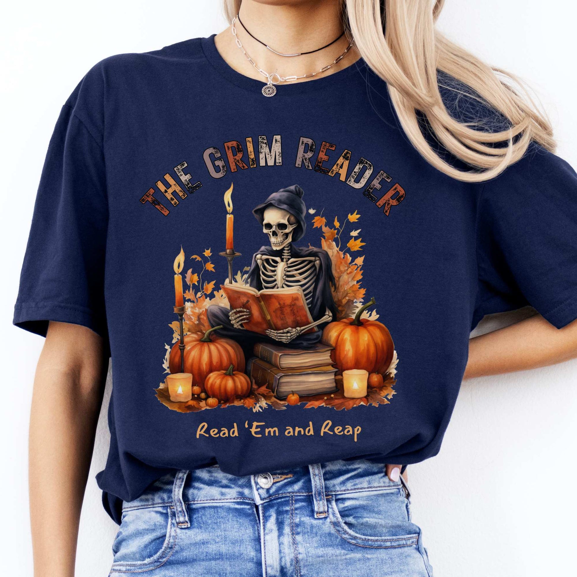 The Grim Reader Read ‘Em and Reap Halloween Tee Navy / S T-Shirt The Mystic Eden Bookish Book Lovers