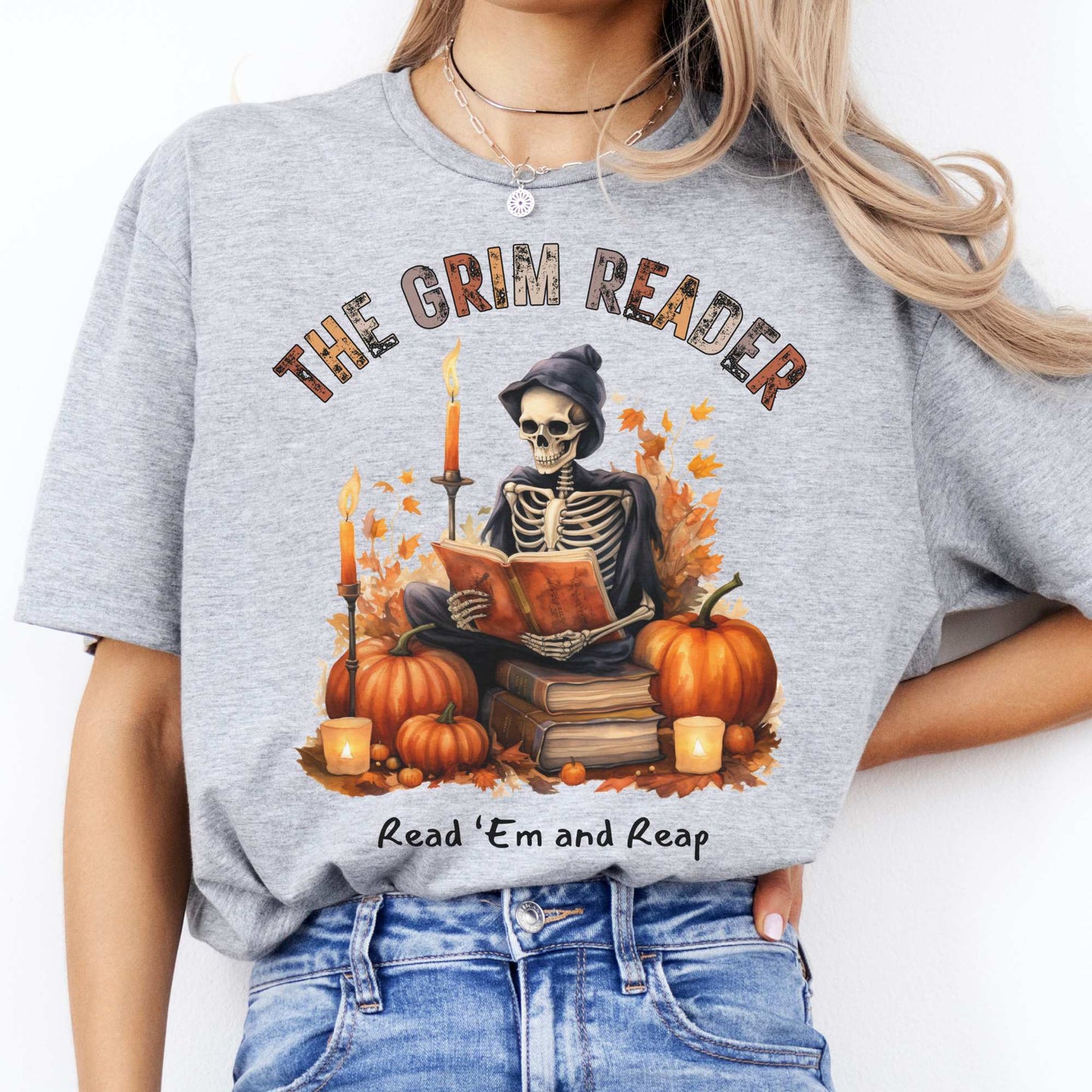 The Grim Reader Read ‘Em and Reap Halloween Tee Sport Grey / S T-Shirt The Mystic Eden Bookish Book Lovers