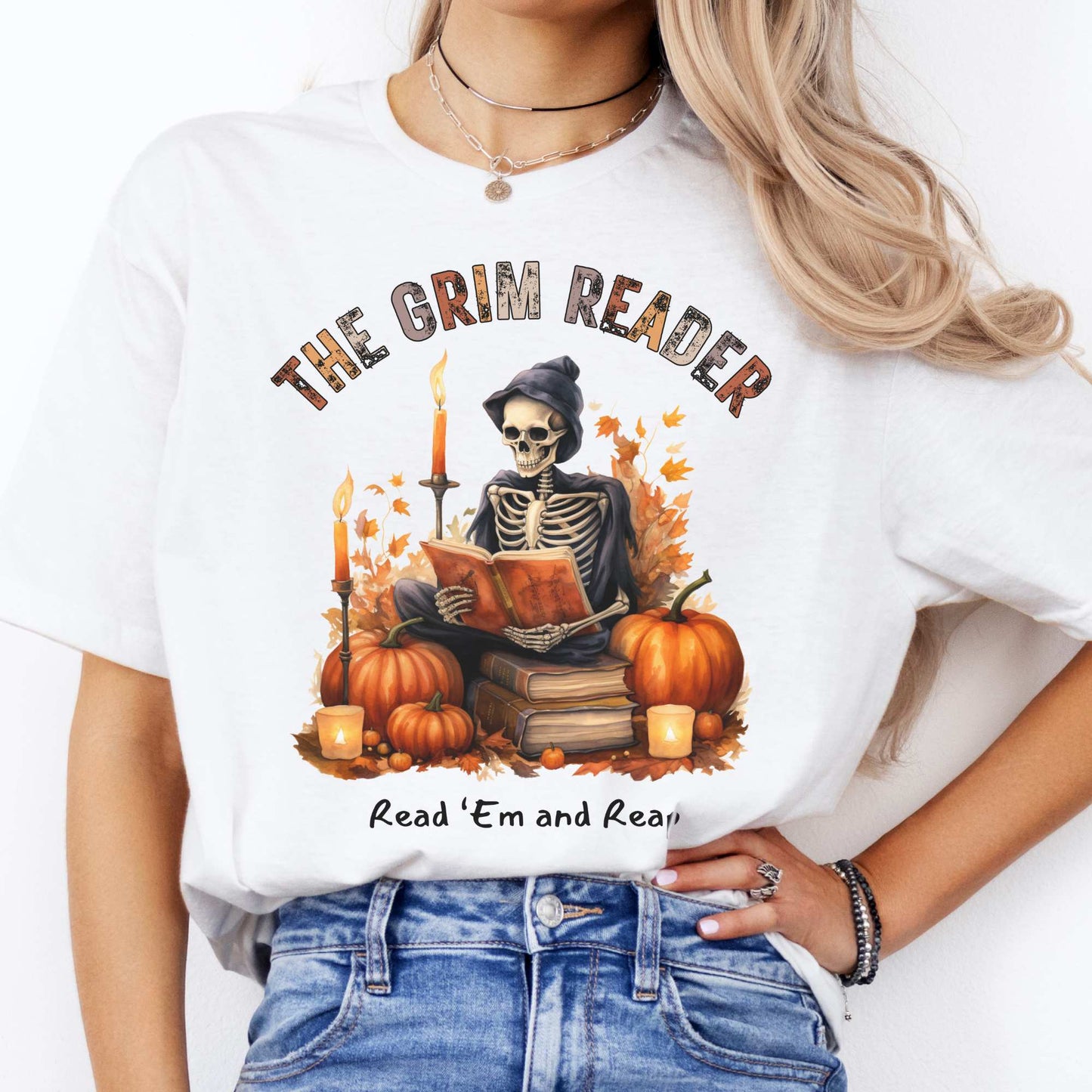 The Grim Reader Read ‘Em and Reap Halloween Tee White / S T-Shirt The Mystic Eden Bookish Book Lovers