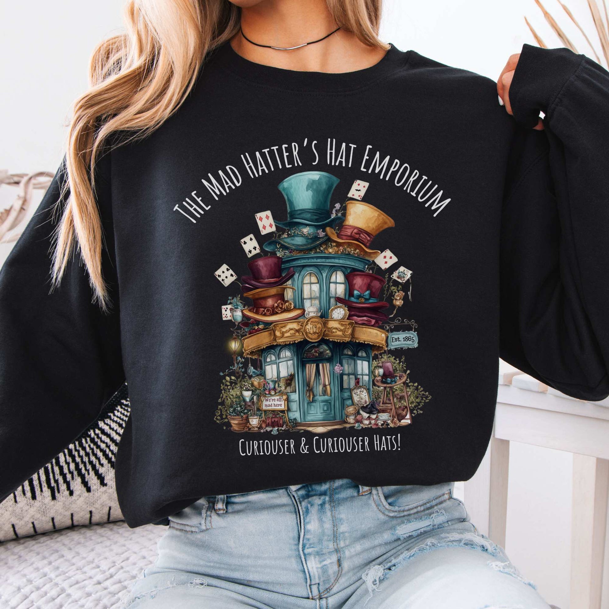 The Mad Hatter's Hat Emporium Sweatshirt Black / S Sweatshirt The Mystic Eden Bookish Book Lovers