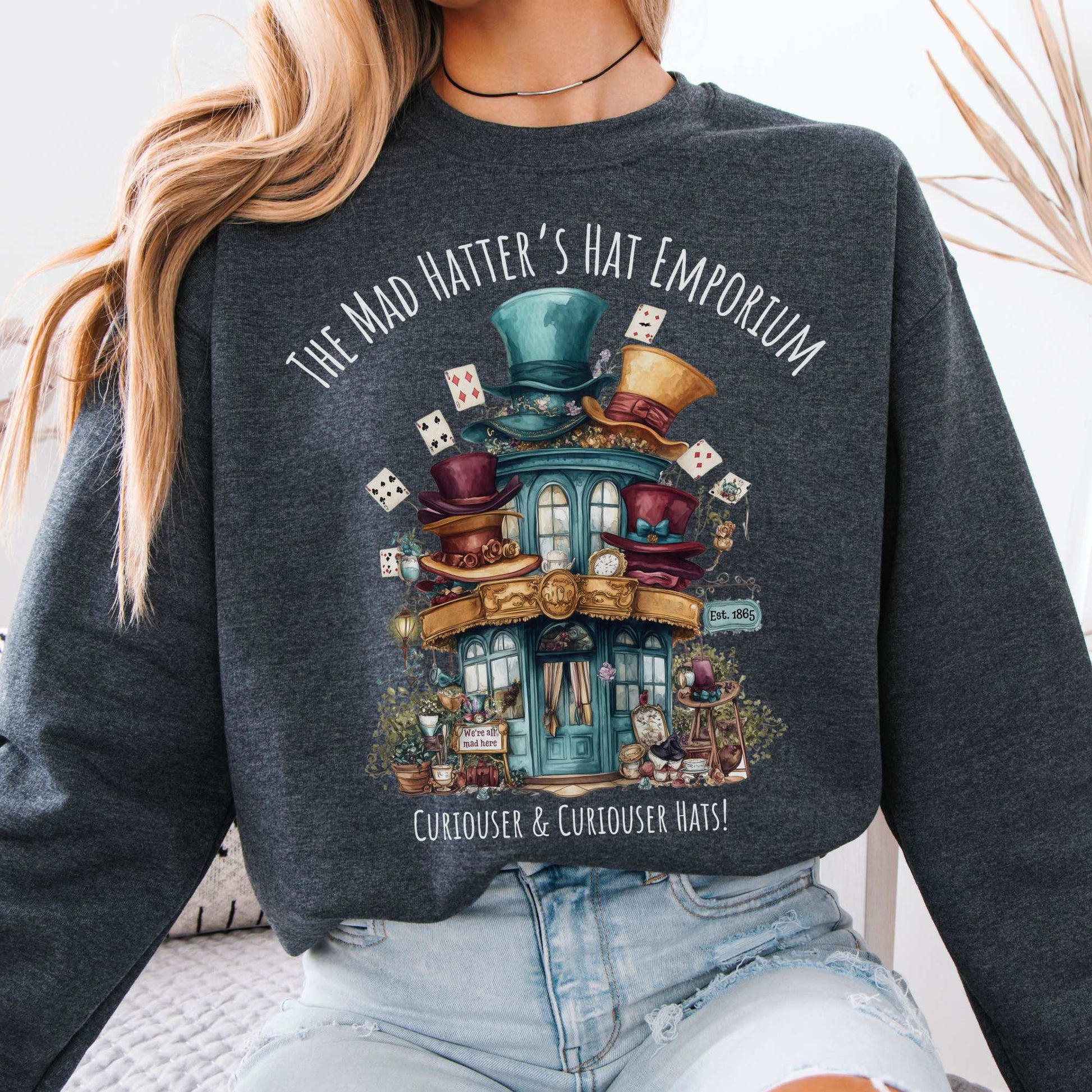 The Mad Hatter's Hat Emporium Sweatshirt Dark Heather / S Sweatshirt The Mystic Eden Bookish Book Lovers