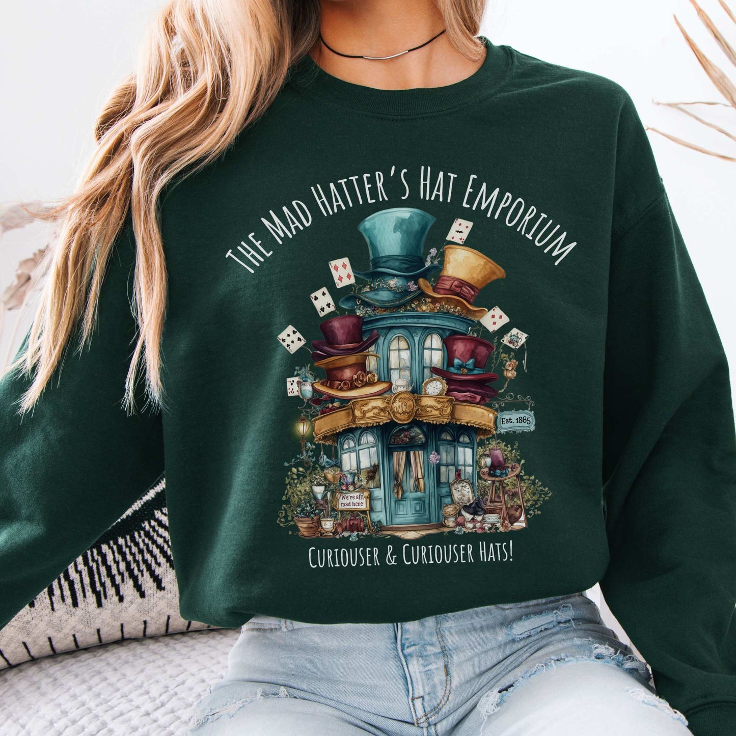 The Mad Hatter's Hat Emporium Sweatshirt Forest Green / S Sweatshirt The Mystic Eden Bookish Book Lovers