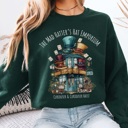 The Mad Hatter's Hat Emporium Sweatshirt Forest Green / S Sweatshirt The Mystic Eden Bookish Book Lovers