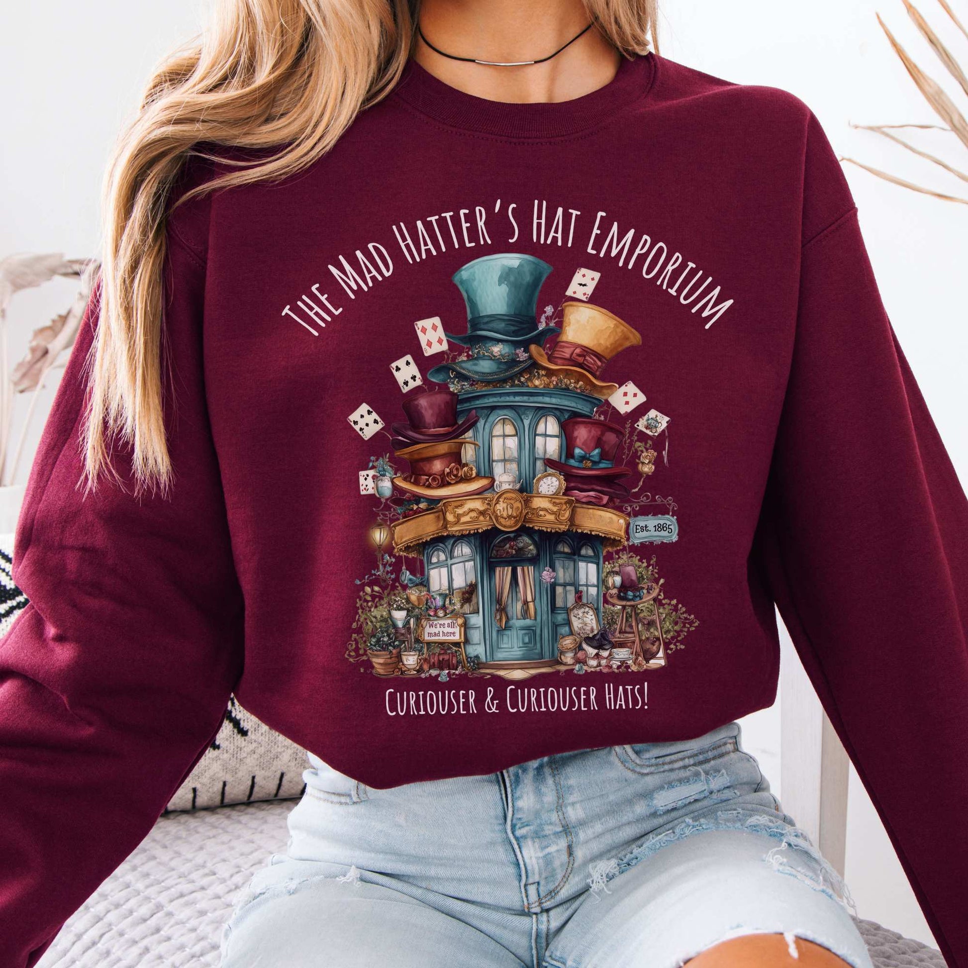 The Mad Hatter's Hat Emporium Sweatshirt Maroon / S Sweatshirt The Mystic Eden Bookish Book Lovers