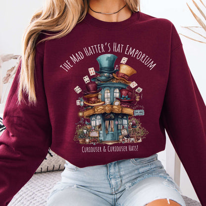 The Mad Hatter's Hat Emporium Sweatshirt Maroon / S Sweatshirt The Mystic Eden Bookish Book Lovers