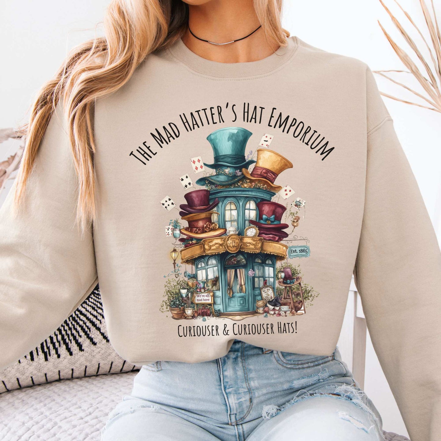 The Mad Hatter's Hat Emporium Sweatshirt Sand / S Sweatshirt The Mystic Eden Bookish Book Lovers