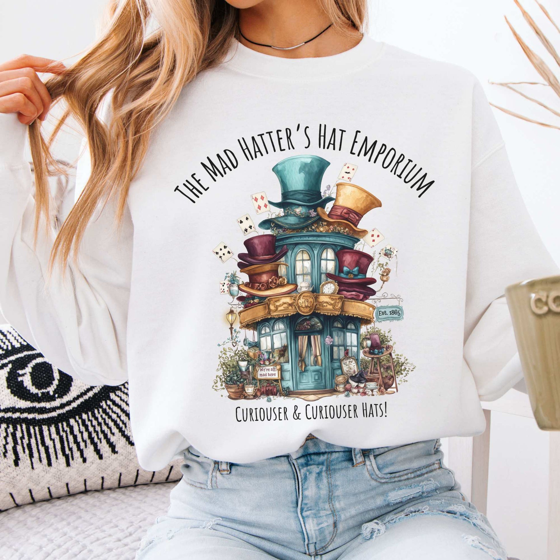 The Mad Hatter's Hat Emporium Sweatshirt White / S Sweatshirt The Mystic Eden Bookish Book Lovers