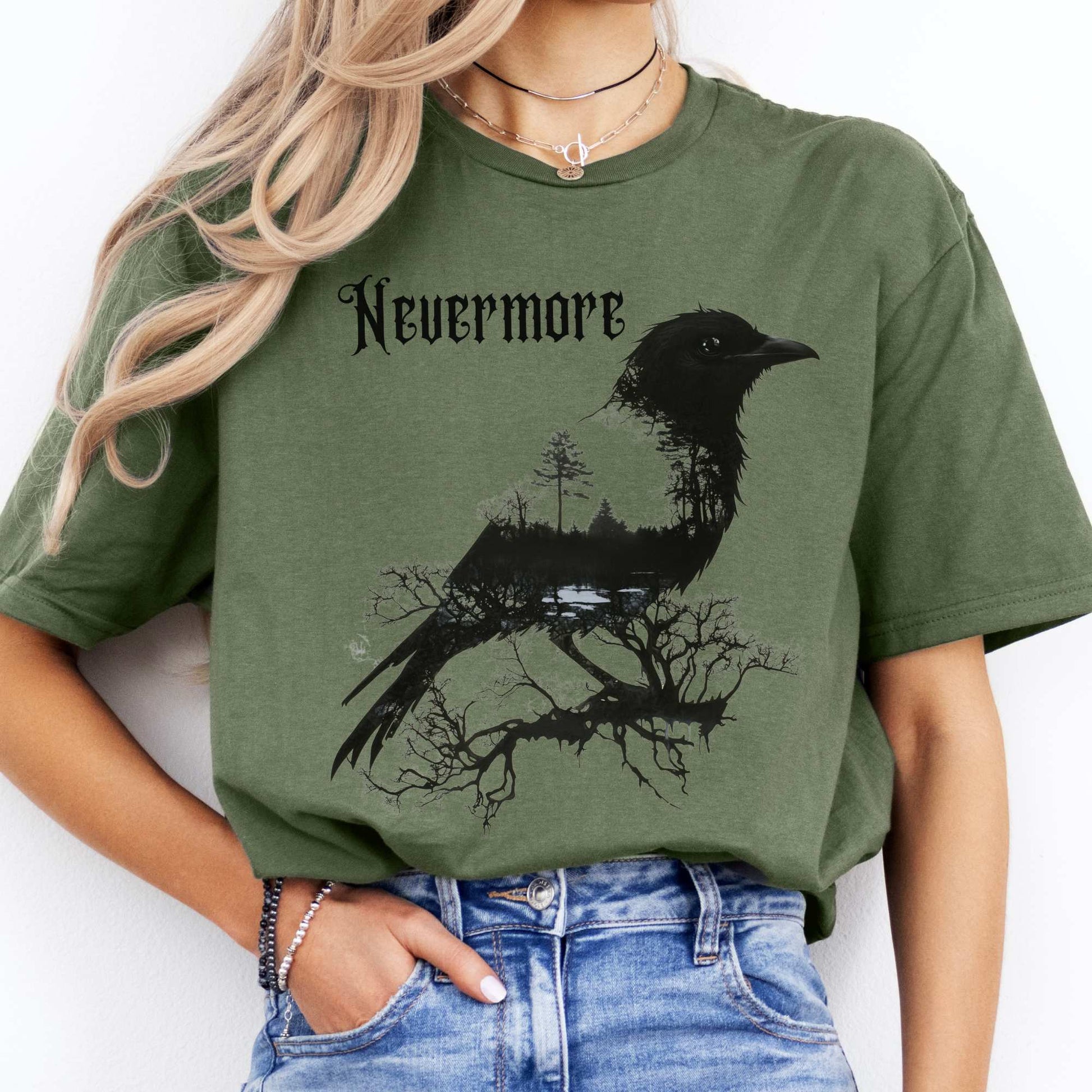 The Raven Nevermore Shirt Edgar Allan Poe Military Green / S T-Shirt The Mystic Eden Bookish Book Lovers