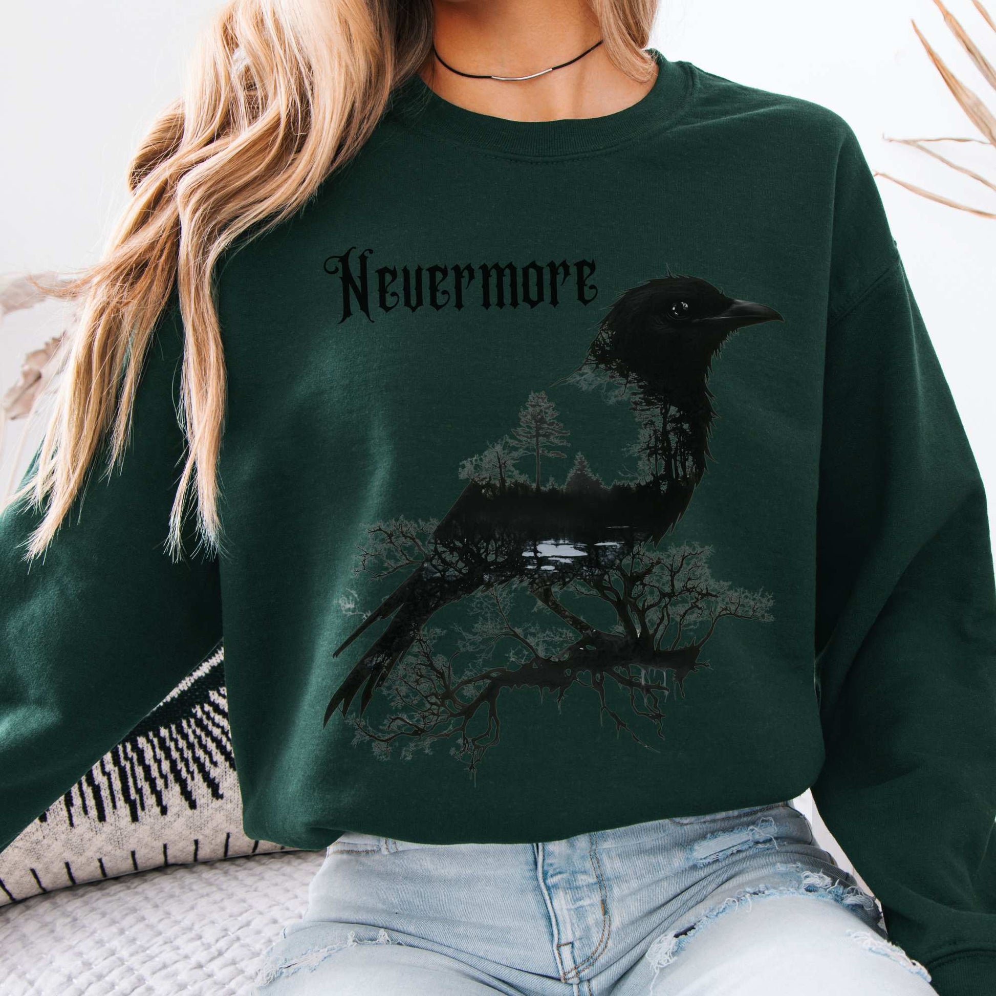 The Raven Nevermore Sweatshirt Edgar Allan Poe Forest Green / S Sweatshirt The Mystic Eden Bookish Book Lovers