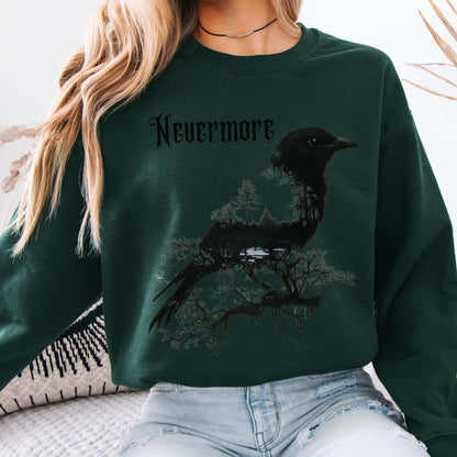 The Raven Nevermore Sweatshirt Edgar Allan Poe Forest Green / S Sweatshirt The Mystic Eden Bookish Book Lovers