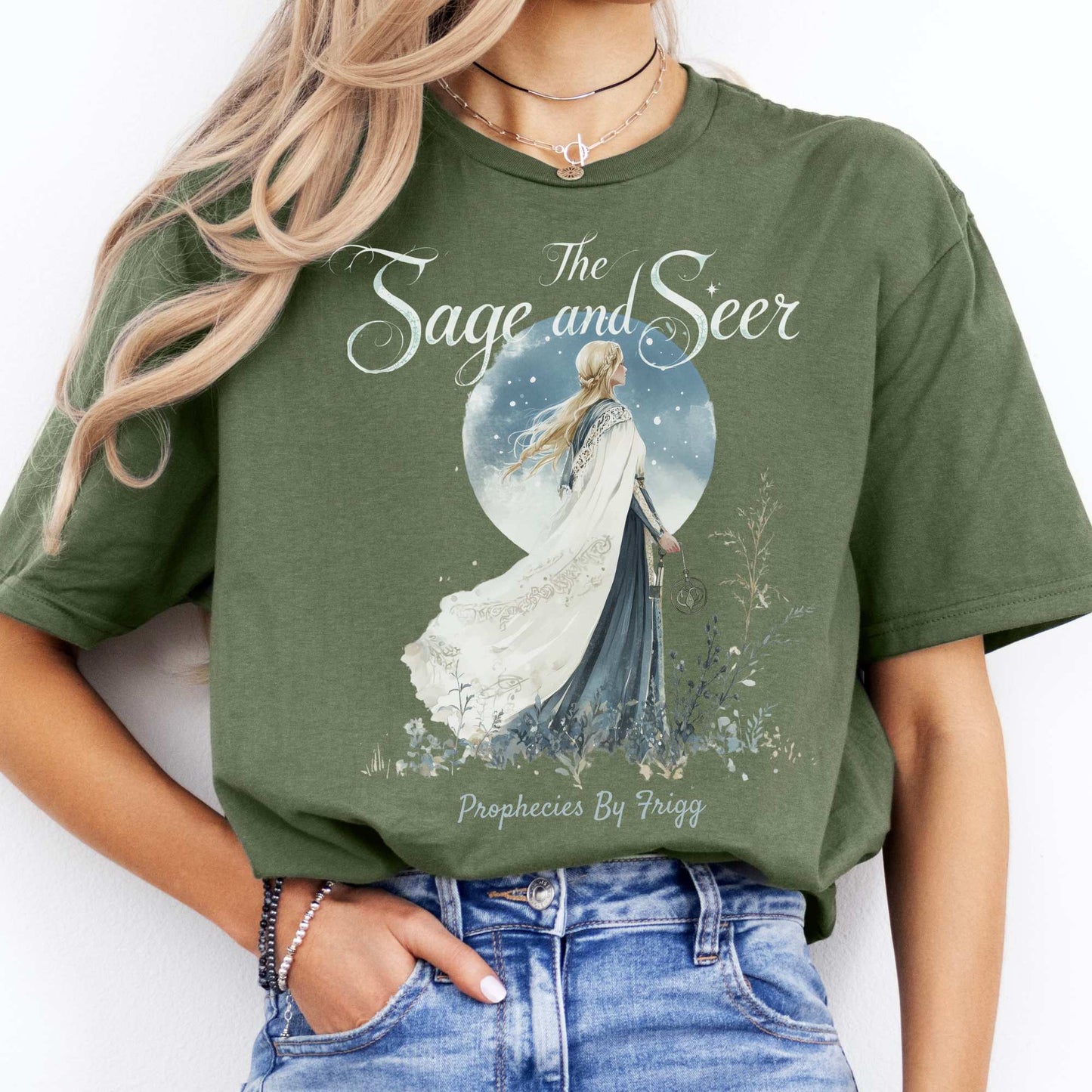 The Sage and Seer Prophecies by Frigg Norse Goddess Shirt Military Green / S T-Shirt The Mystic Eden Bookish Book Lovers