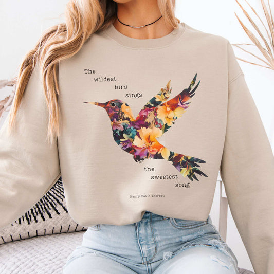 The Wildest Bird Sings the Sweetest Song - Henry Thoreau Sweatshirt Sand / S Sweatshirt The Mystic Eden Bookish Book Lovers