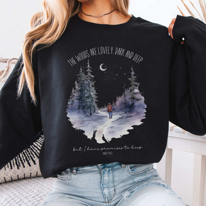 The Woods Are Lovely Robert Frost Sweatshirt Black / S Sweatshirt The Mystic Eden Bookish Book Lovers