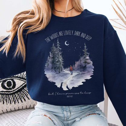 The Woods Are Lovely Robert Frost Sweatshirt Navy / S Sweatshirt The Mystic Eden Bookish Book Lovers