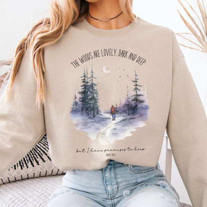 The Woods Are Lovely Robert Frost Sweatshirt Sand / S Sweatshirt The Mystic Eden Bookish Book Lovers