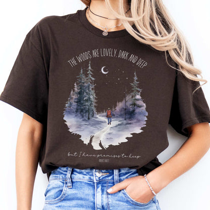 The Woods Are Lovely Robert Frost T-Shirt Dark Chocolate / S T-Shirt The Mystic Eden Bookish Book Lovers