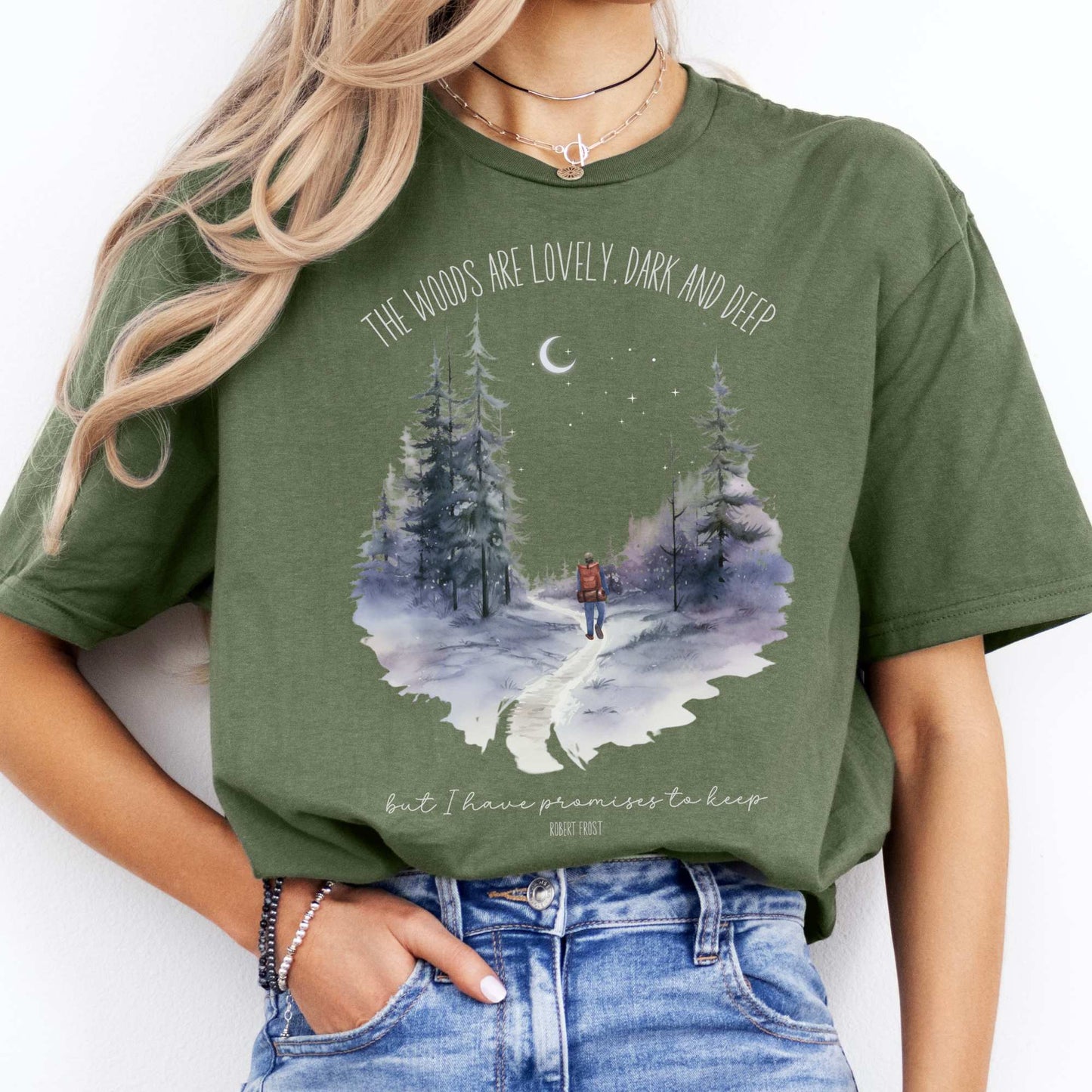 The Woods Are Lovely Robert Frost T-Shirt Military Green / S T-Shirt The Mystic Eden Bookish Book Lovers