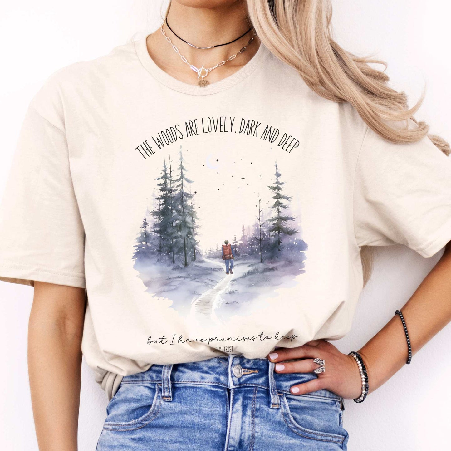 The Woods Are Lovely Robert Frost T-Shirt Natural / S T-Shirt The Mystic Eden Bookish Book Lovers