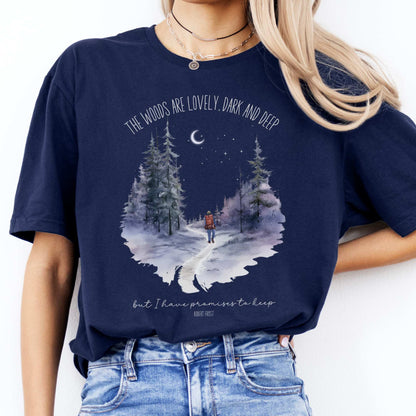 The Woods Are Lovely Robert Frost T-Shirt Navy / S T-Shirt The Mystic Eden Bookish Book Lovers