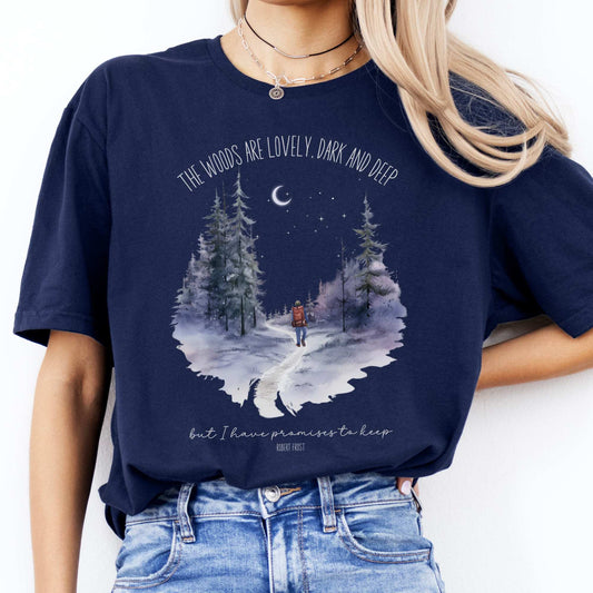 The Woods Are Lovely Robert Frost T-Shirt Navy / S T-Shirt The Mystic Eden Bookish Book Lovers