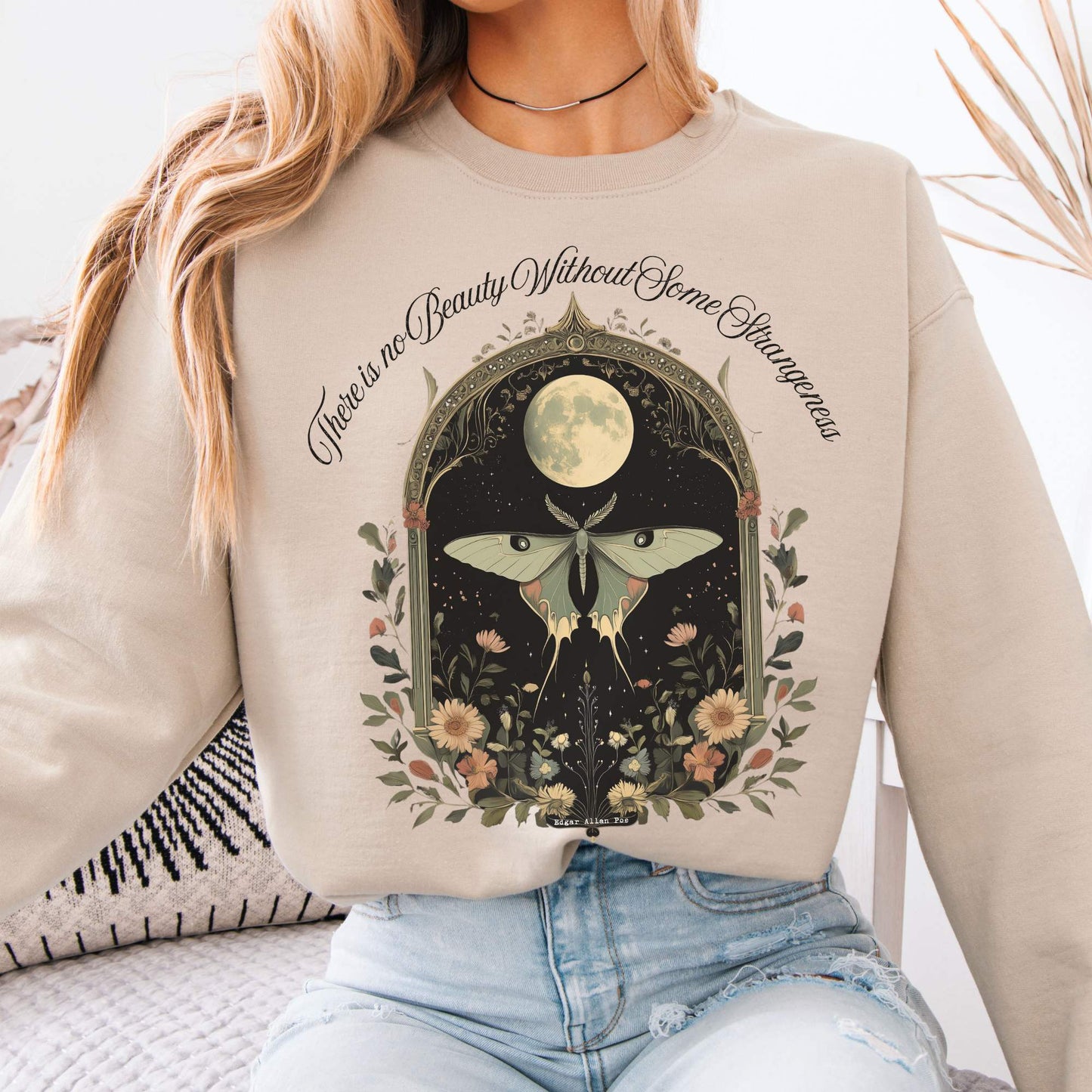There is no Beauty Without Some Strangeness Poe Sweatshirt Sand / S Sweatshirt The Mystic Eden Bookish Book Lovers