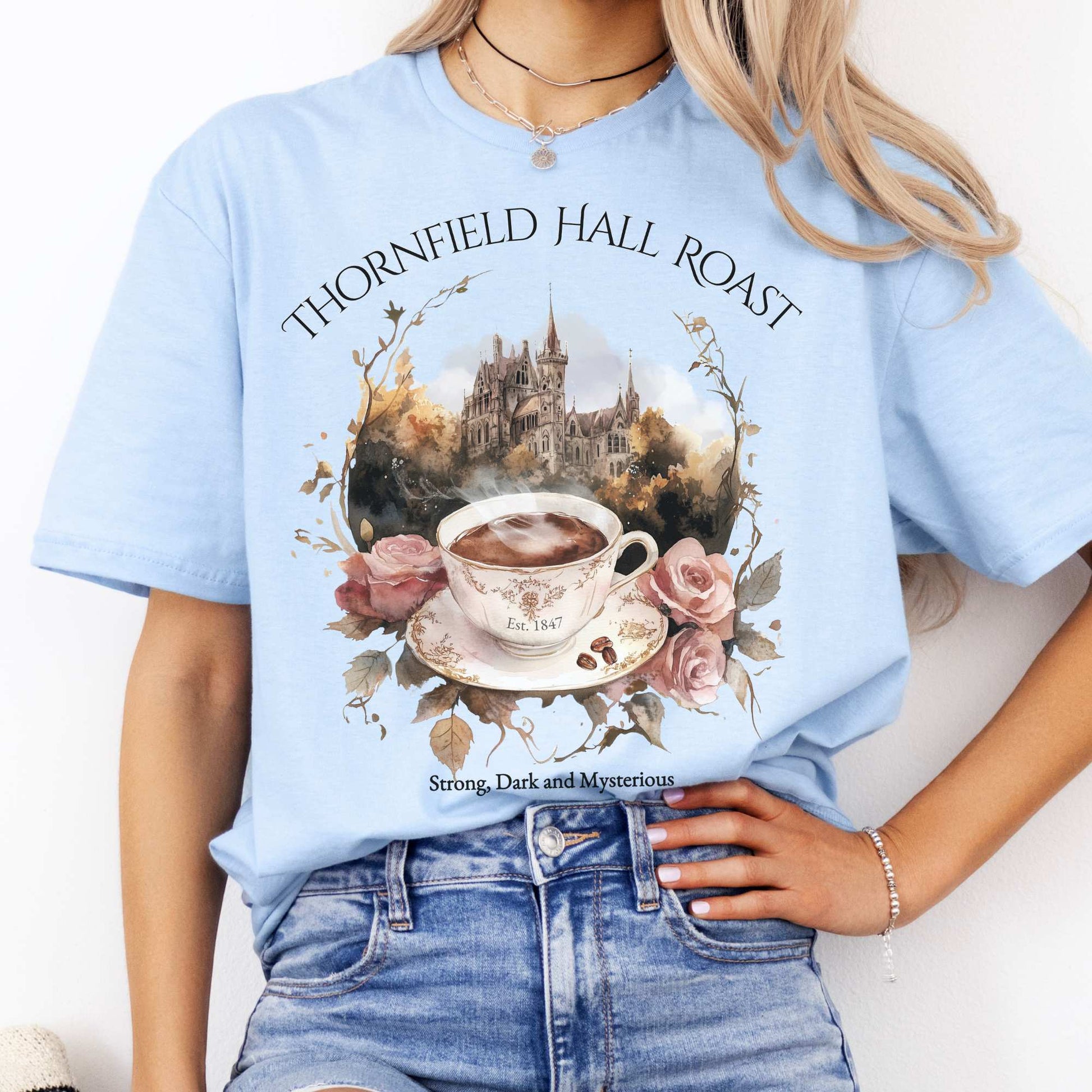 Thornfield Hall Roast Jane Eyre Charlotte Brontë Tee Light Blue / S T-Shirt The Mystic Eden Bookish Book Lovers