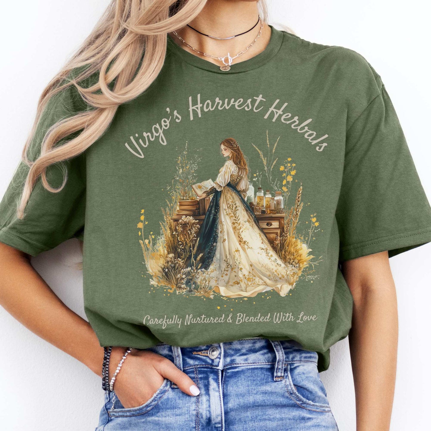 Virgo's Harvest Herbals Zodiac Shirt Military Green / S T-Shirt The Mystic Eden Bookish Book Lovers